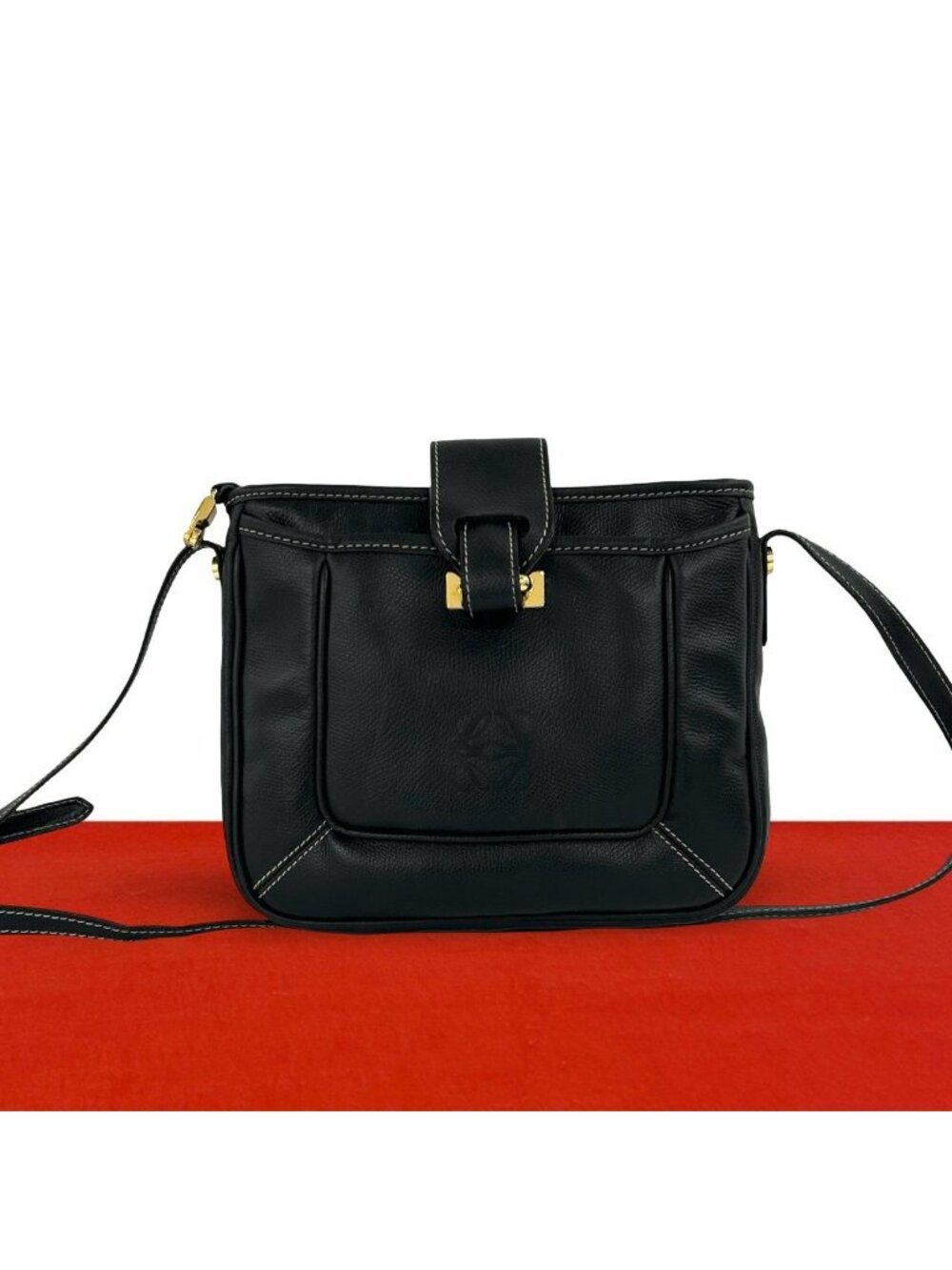 Loewe Vintage Anagram Logo Leather Shoulder Bag Pochette Cross Black